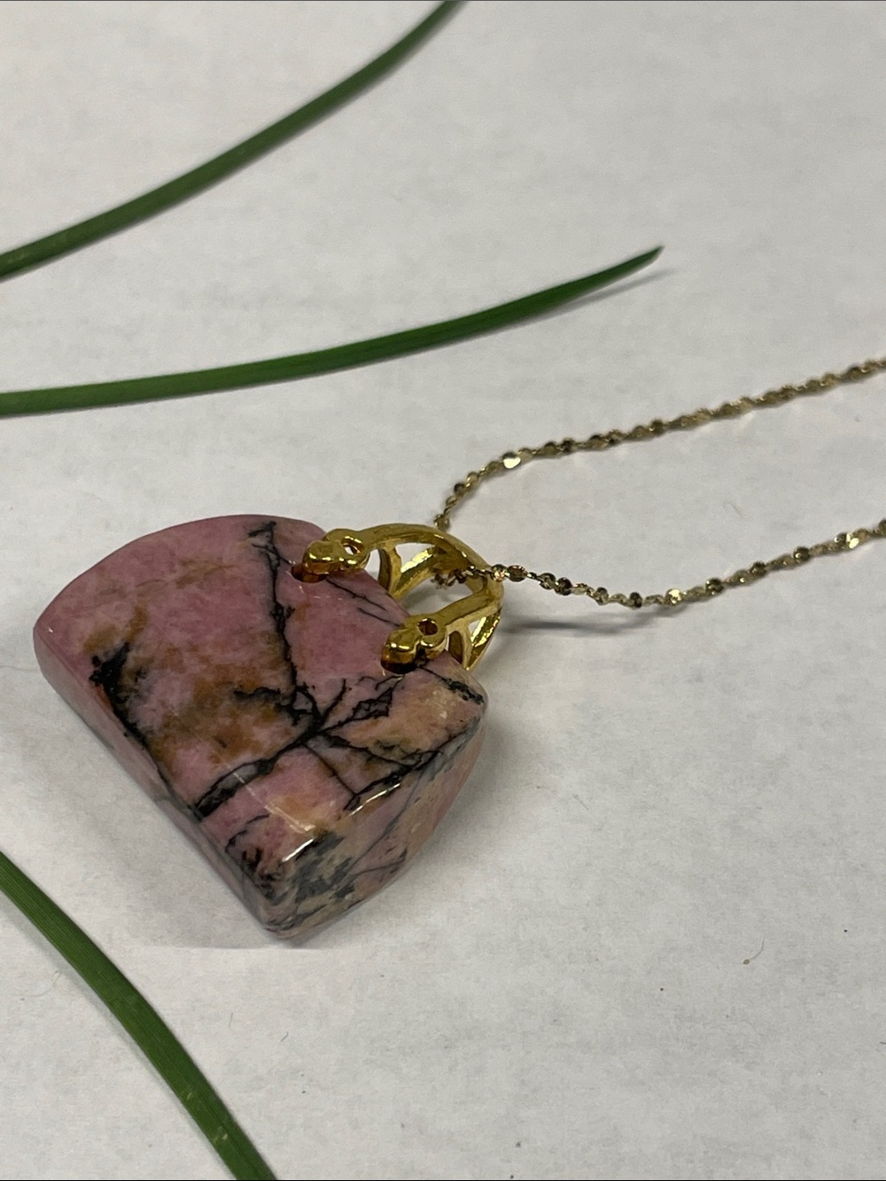 Pink Rhodonite Pendant Necklace with Gold Tone Bail